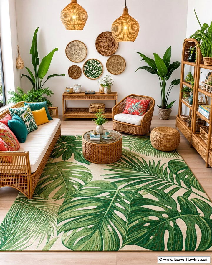 Tropical Green Leaf Rugs - 20 Green Carpet Living Room Ideas for a Bold Statement