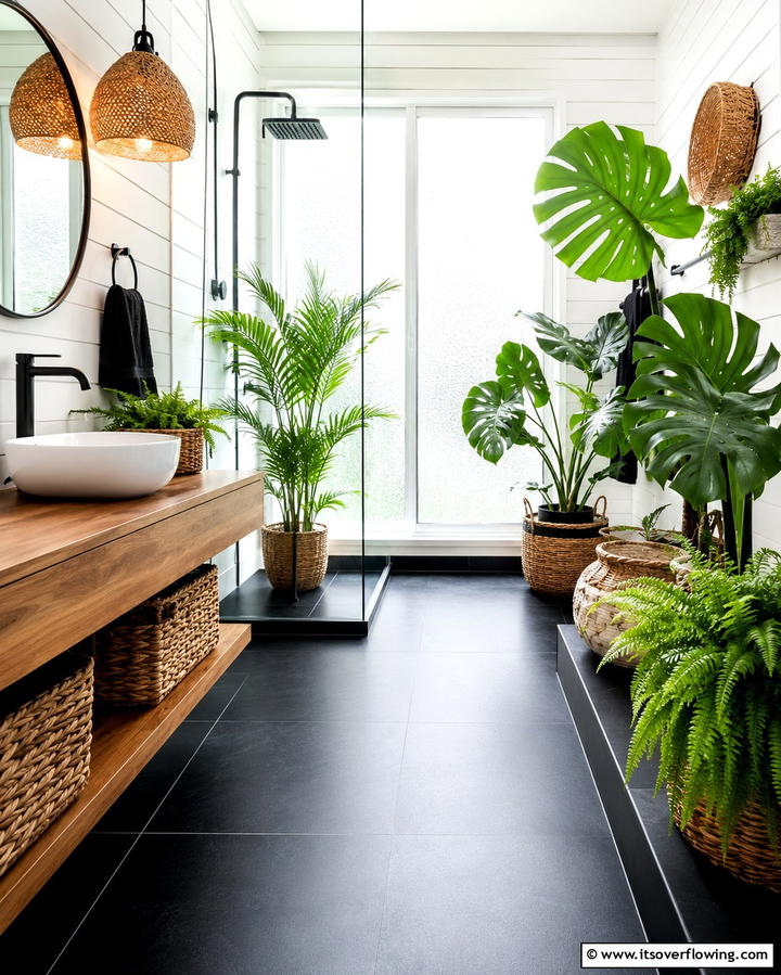 Tropical Greenery with Black Flooring - 25 Black and Green Bathroom Ideas for Bold Style