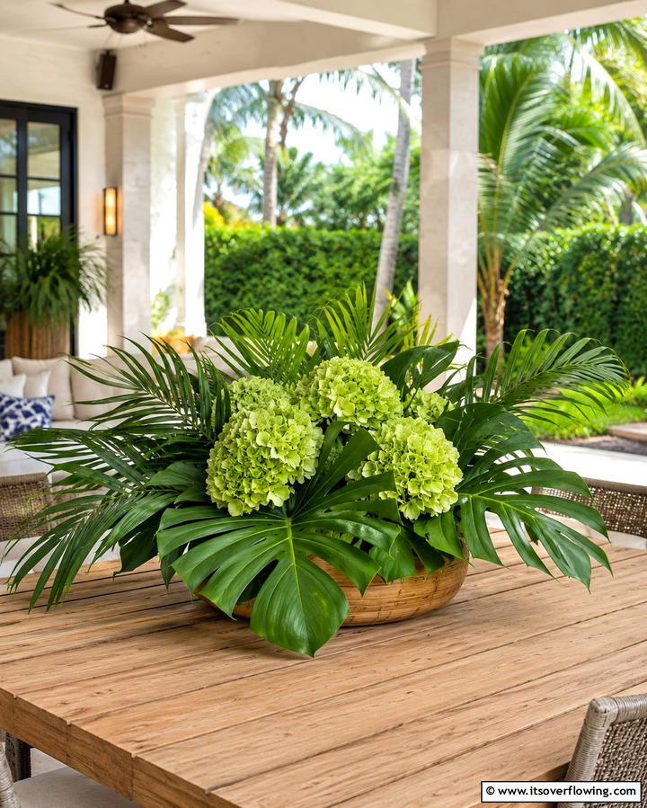 Tropical Hydrangea and Palm Leaf Arrangement - 25 Hydrangea Centerpiece Ideas for Elegance