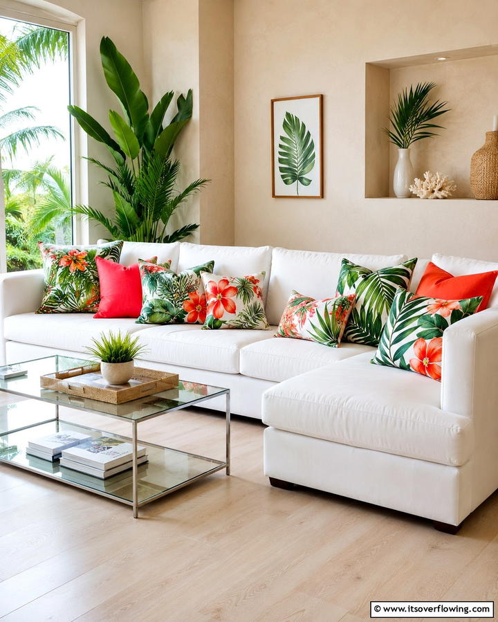 Tropical Inspired Throw Pillows - 25 Tropical Living Room Ideas for a Vibrant Space