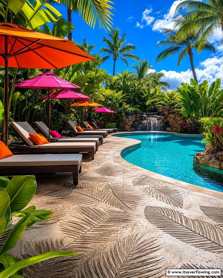 Tropical Leaf ImpressionsExact - 25 Stamped Concrete Pool Deck Ideas for Durability