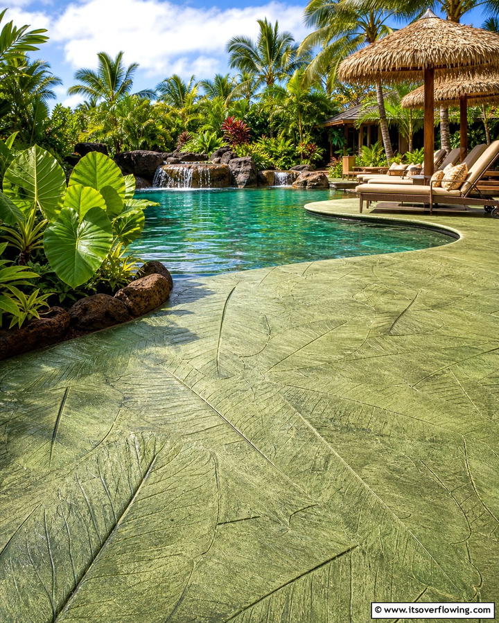 Tropical Leaf ImpressionsOne - 25 Stamped Concrete Pool Deck Ideas for Durability
