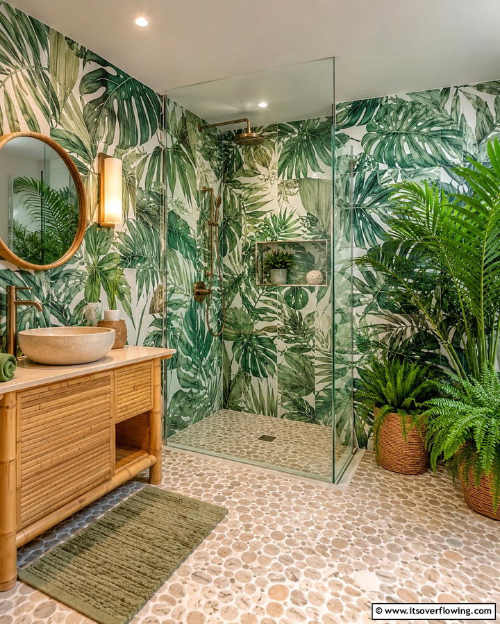 Tropical Leaf Tile Patterns - 30 Green Bathroom Tile Design Ideas for a Refreshing Oasis
