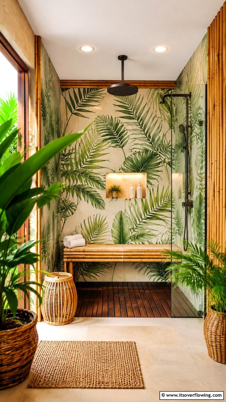 Tropical Oasis Walk In Shower with Bamboo Bench - 21 Walk-In Shower Ideas With Bench for Spa-Like Comfort