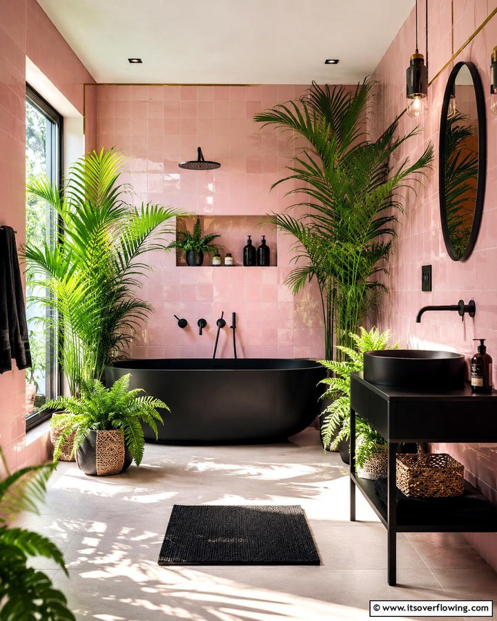 Tropical Oasis with Pink and Black - 25 Pink and Black Bathroom Ideas for a Bold and Chic Look