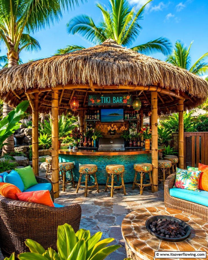 Tropical Oasis with Thatched Roof Gazebo - 30 Outdoor Kitchen with Gazebo Ideas for All-Weather Cooking