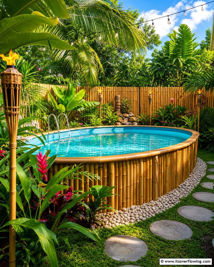 Tropical Oasis with a Bamboo Fence - 25 Creative Above Ground Pool Ideas for Your Backyard
