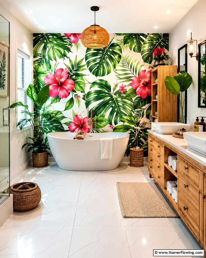 Tropical Paradise Mural - 30 Bathroom Mural Ideas for Bold and Artistic Wall Designs