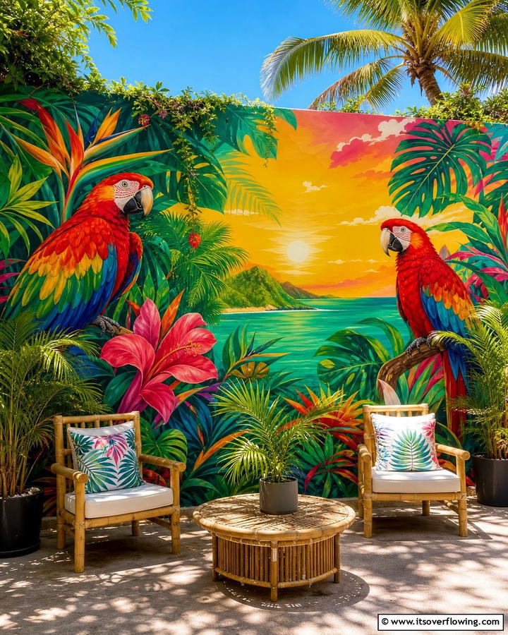 Tropical Paradise Mural - 21 Garden Mural Ideas to Transform Outdoor Walls Artistically