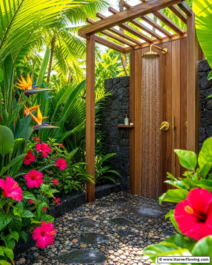 Tropical Paradise Shower - 21 Outdoor Shower Designs for Poolside Luxury & Functionality