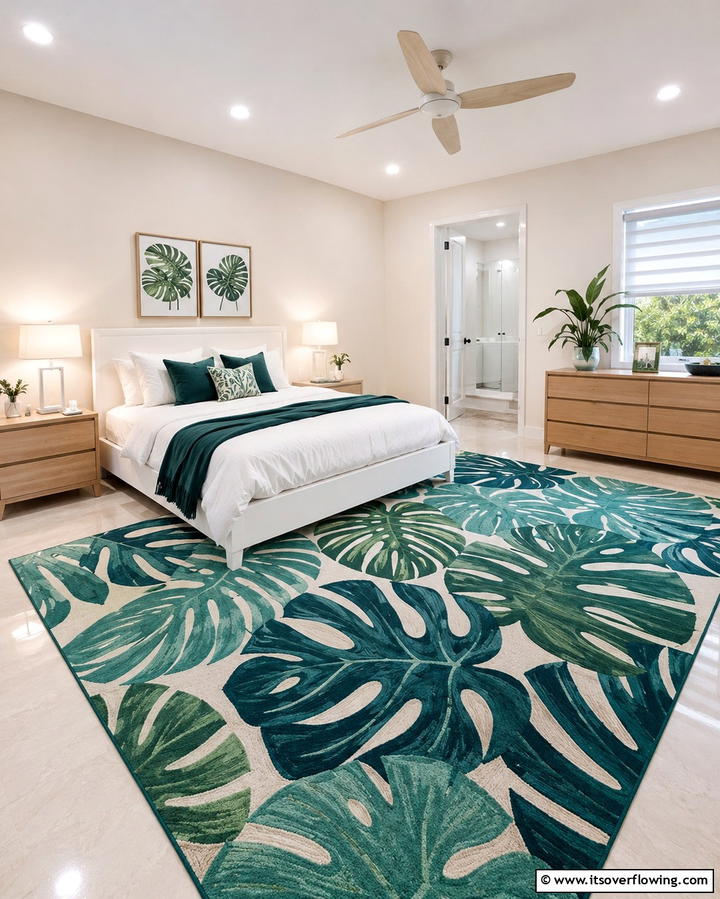 Tropical Patterned Rugs - 30 Jungle-Themed Bedroom Ideas- Wild & Whimsical Decor