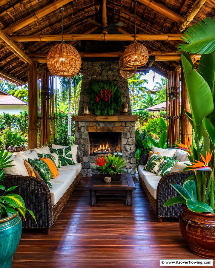 Tropical Pavilion with Fireplace - 25 Backyard Pavilion With Fireplace Ideas for Cozy Nights