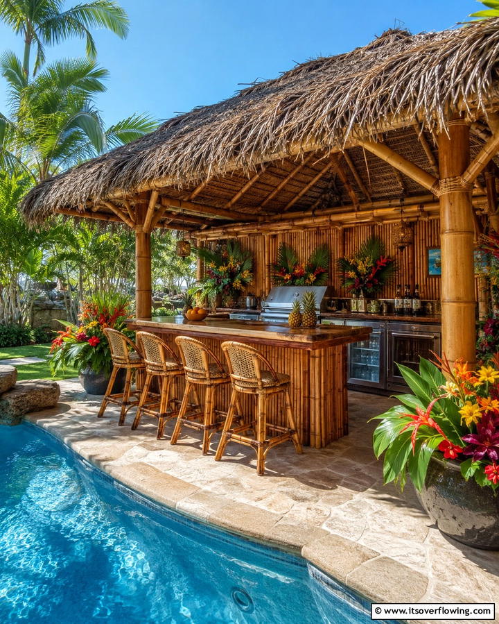 Tropical Pool House with Tiki Bar Kitchen - 30 Pool House with Outdoor Kitchen Designs for Entertaining