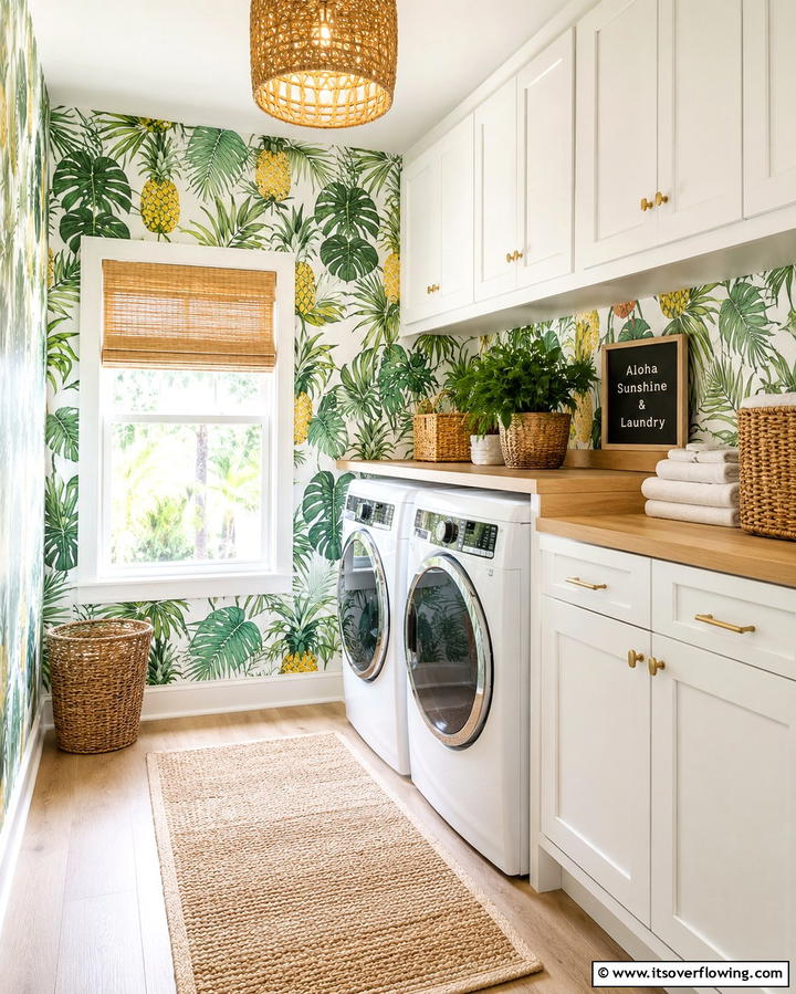 Tropical Prints for a Vacation Vibe - 25 Laundry Room Wallpaper Ideas to Brighten Your Space