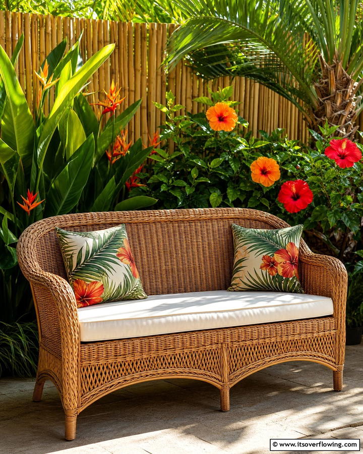 Tropical Rattan Garden Bench - 30 Charming Garden Bench Ideas for Relaxing Outdoor Spaces