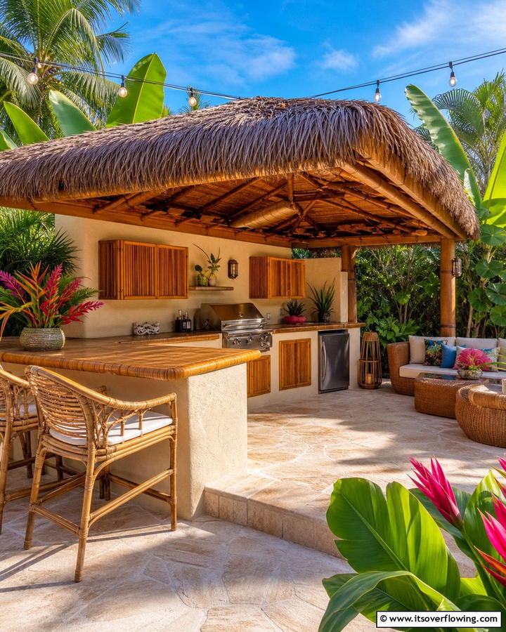 Tropical Stucco Kitchen with Bamboo Features - 20 Stucco Outdoor Kitchen Ideas for Stylish Cooking