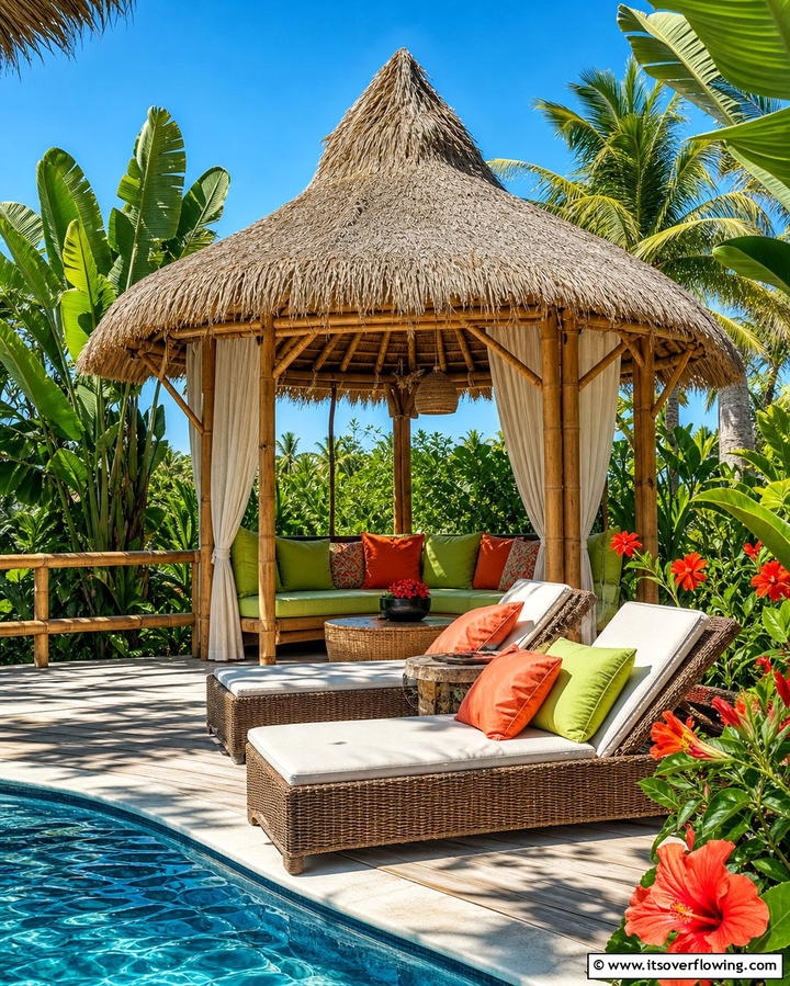 Tropical Style Gazebo with Thatch Roof - 25 Gazebo on Deck Ideas for Outdoor Relaxation