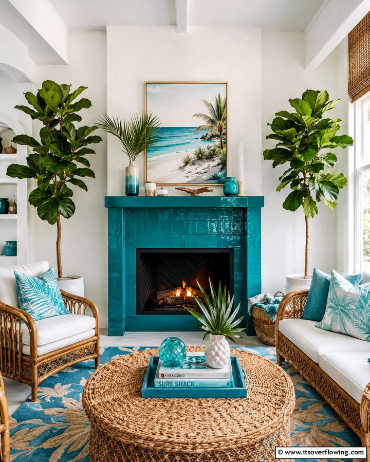 Tropical Teal Statement - 25 Green Fireplace Ideas for a Cozy and Eco-Friendly Home