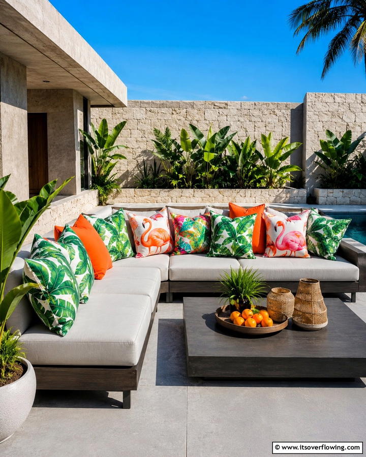 Tropical Themed Cushions - 25 Tropical Patio Ideas for a Relaxing Outdoor Oasis