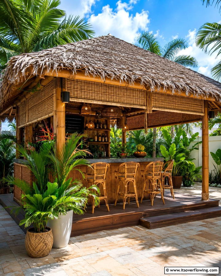 Tropical Themed Gazebo with Bamboo Details - 30 Outdoor Kitchen with Gazebo Ideas for All-Weather Cooking