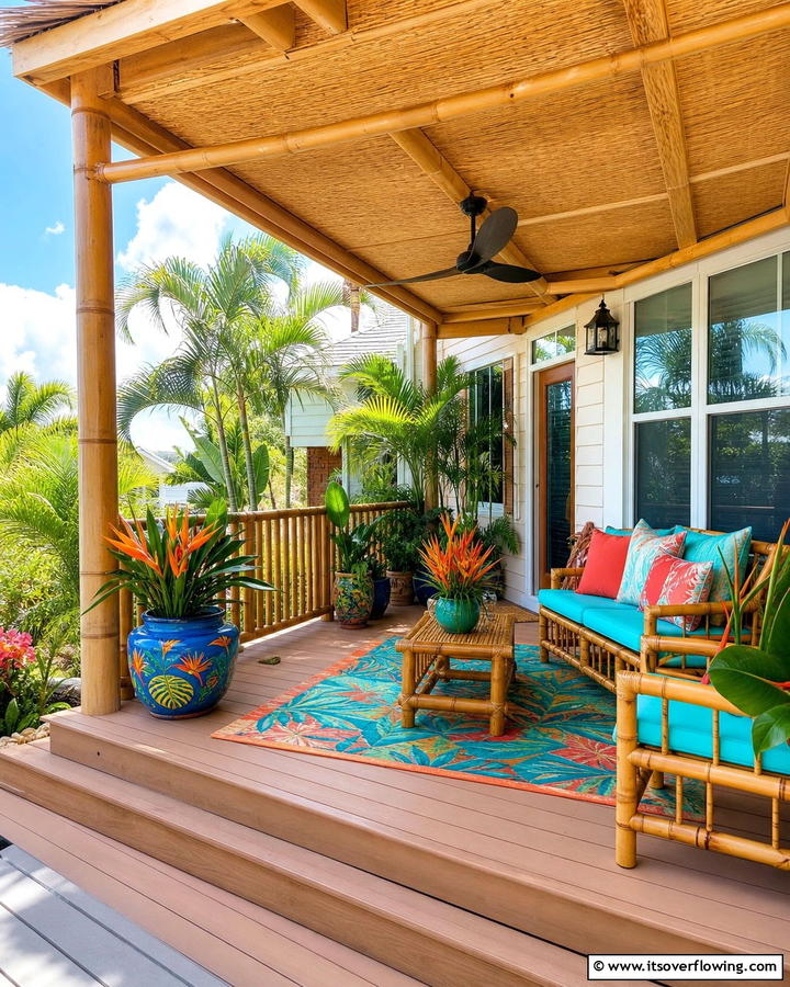 Tropical Themed Porch with Bamboo Accents - 20 Raised Ranch Front Porch Ideas for Curb Appeal
