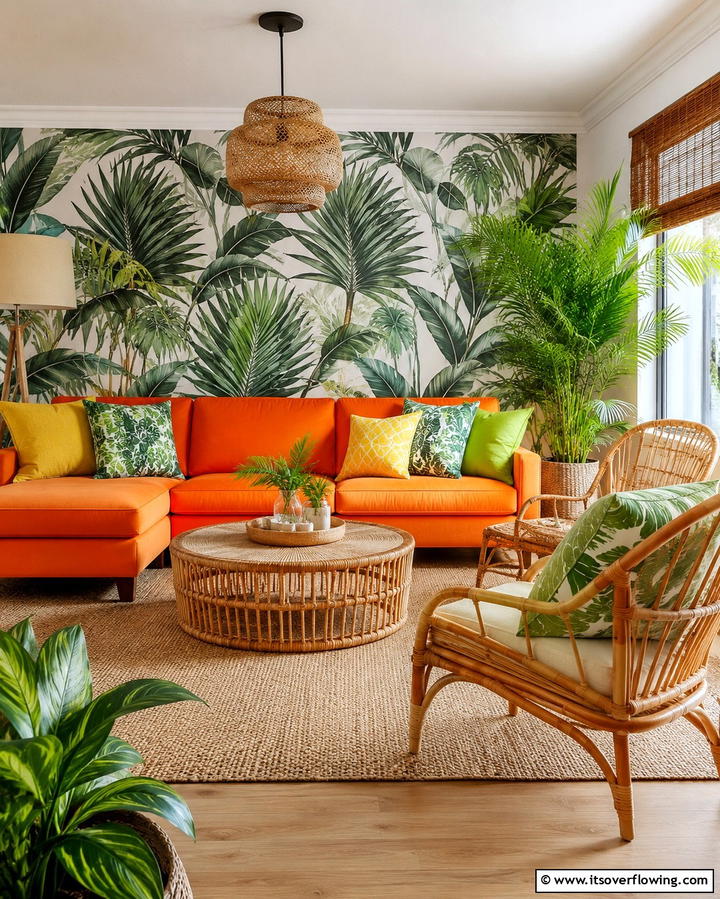 Tropical Vibes with Citrus Hues - 25 Orange Couch Living Room Ideas for a Vibrant Space