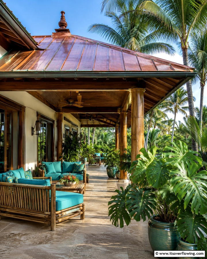 Tropical Vibes with Copper Metal Roof - 25 Metal Roof Porch Design Ideas for a Durable Space