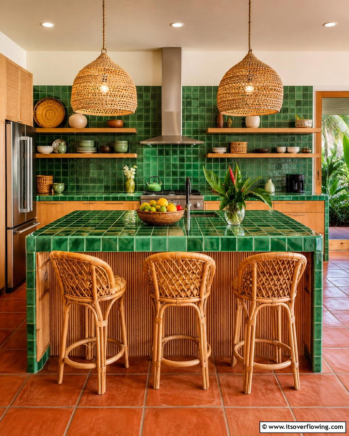 Tropical Vibes with Jade Green Tiles - 25 Kitchen With Green Countertops Ideas for Freshness
