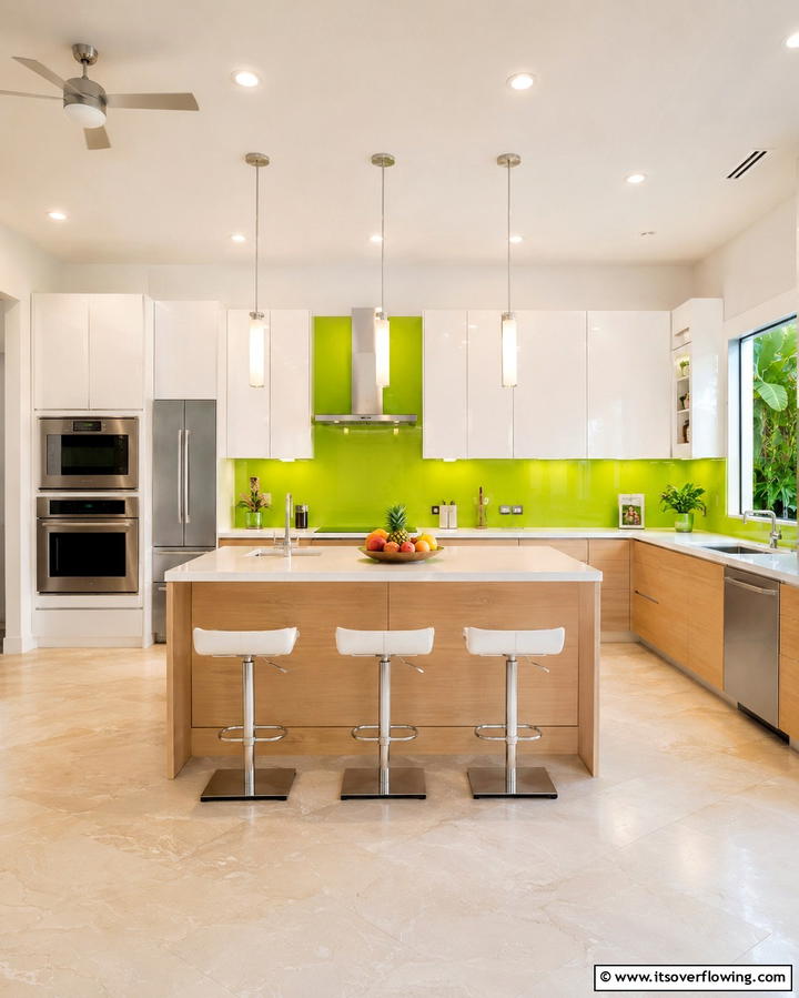 Tropical Vibes with Lime Green Glass - 25 Chic Kitchen With Green Backsplash Ideas
