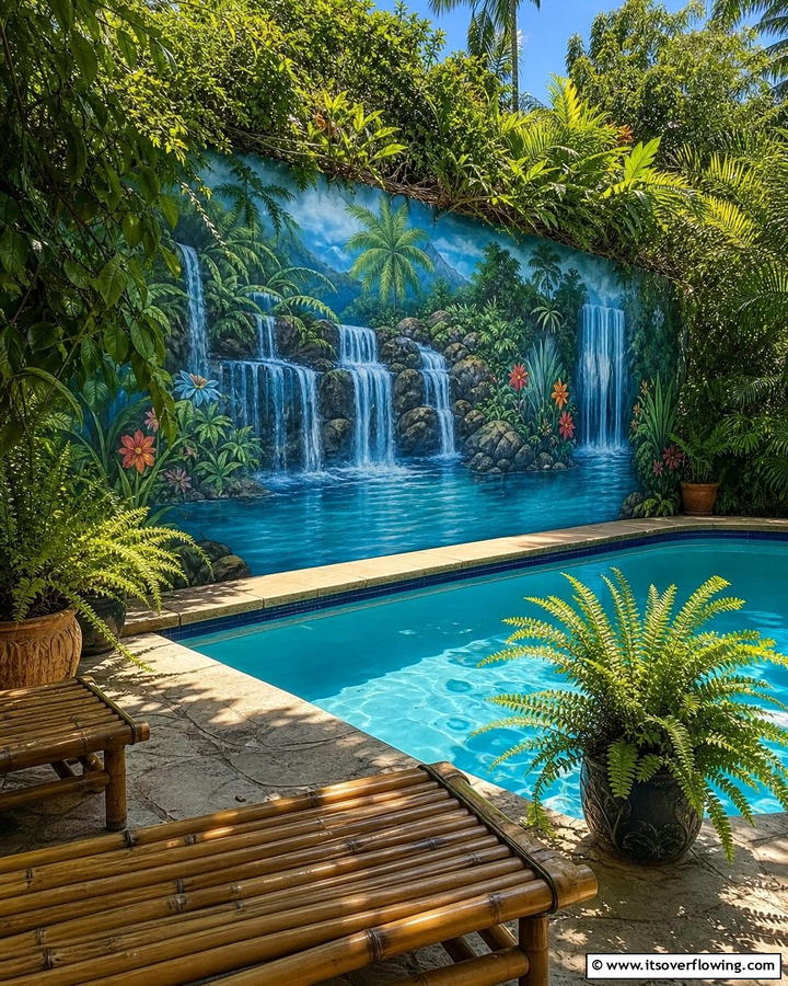 Tropical Waterfall Bliss - 20 Pool Mural Ideas to Enhance Your Backyard Oasis