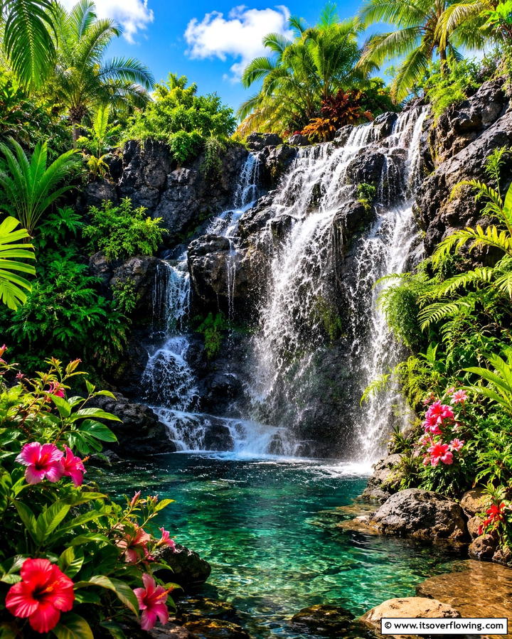 Tropical Waterfall with Plants - 25 Small Pool Waterfall Ideas for Your Backyard