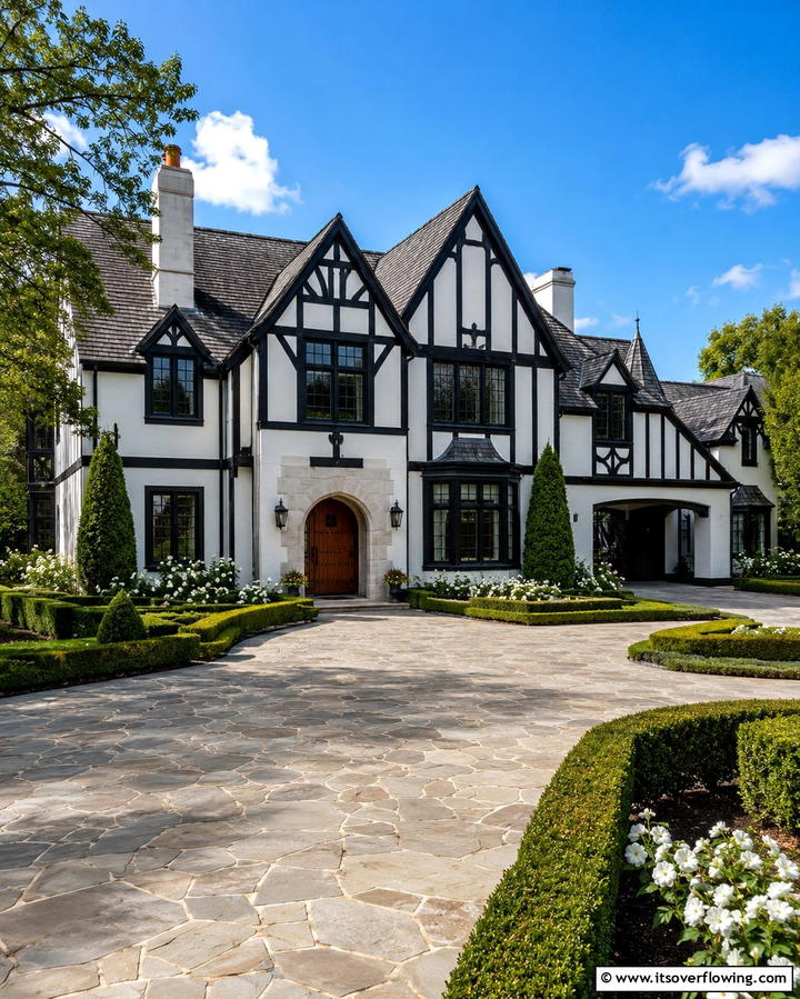 Tudor Revival Elegance - 25 White Exterior Home with a Black Roof Ideas