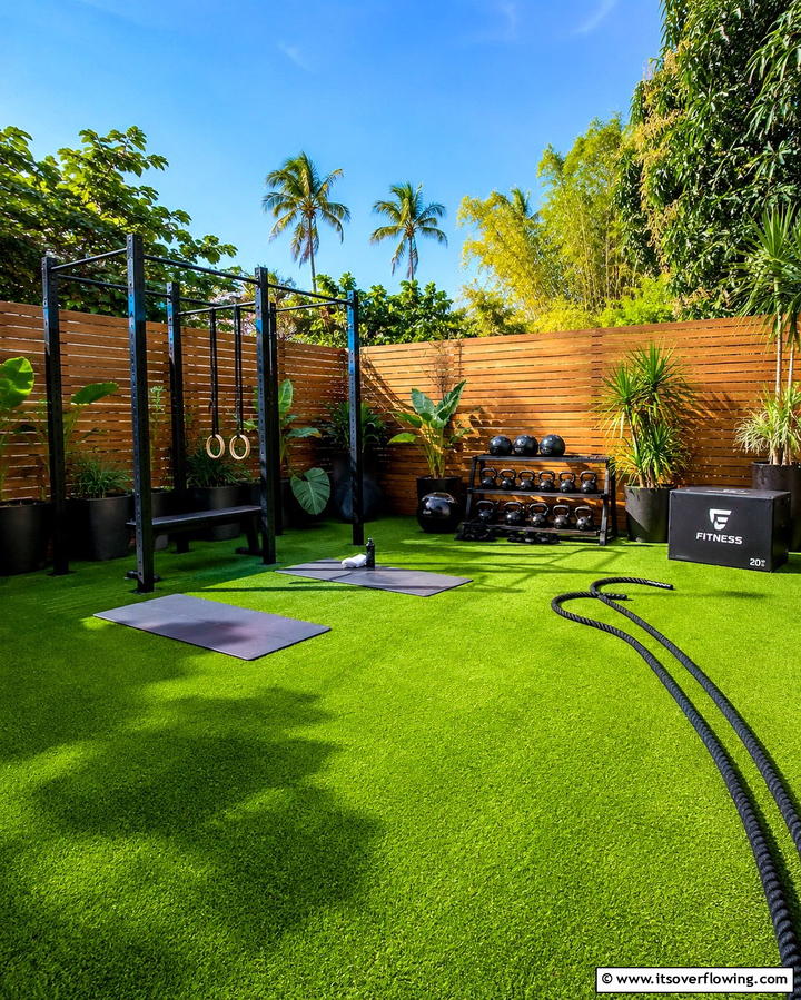 Turf Backyard Fitness Area - 25 Backyard Turf Ideas for a Low-Maintenance Lawn