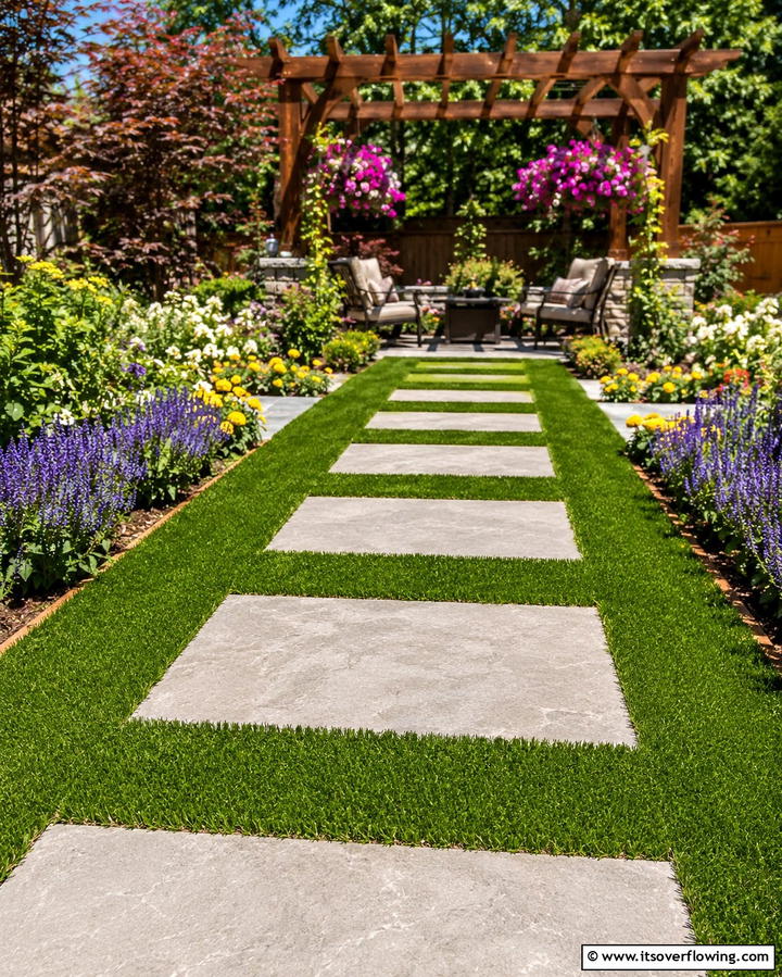 Turf Walkway Accents - 25 Backyard Turf Ideas for a Low-Maintenance Lawn