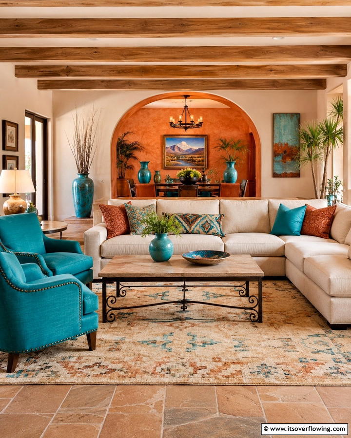 Turquoise Accents for a Pop of Color - 30 Warm Southwestern Living Room Decor Concepts