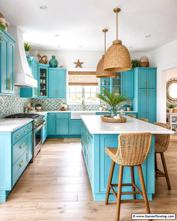 Turquoise Blue Cabinets with Gold Bar Pulls - 25 Blue Kitchen Cabinets With Gold Hardware for a Luxe Look