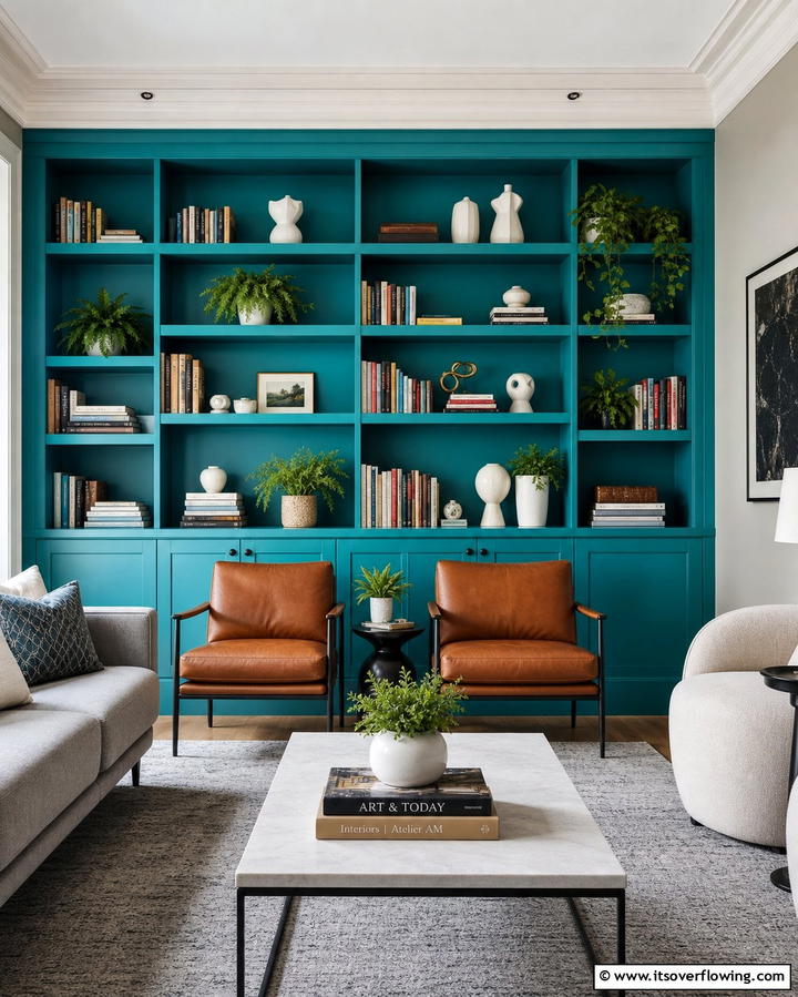 Turquoise Bookshelves - 25 Turquoise Living Room Ideas for a Fresh Look