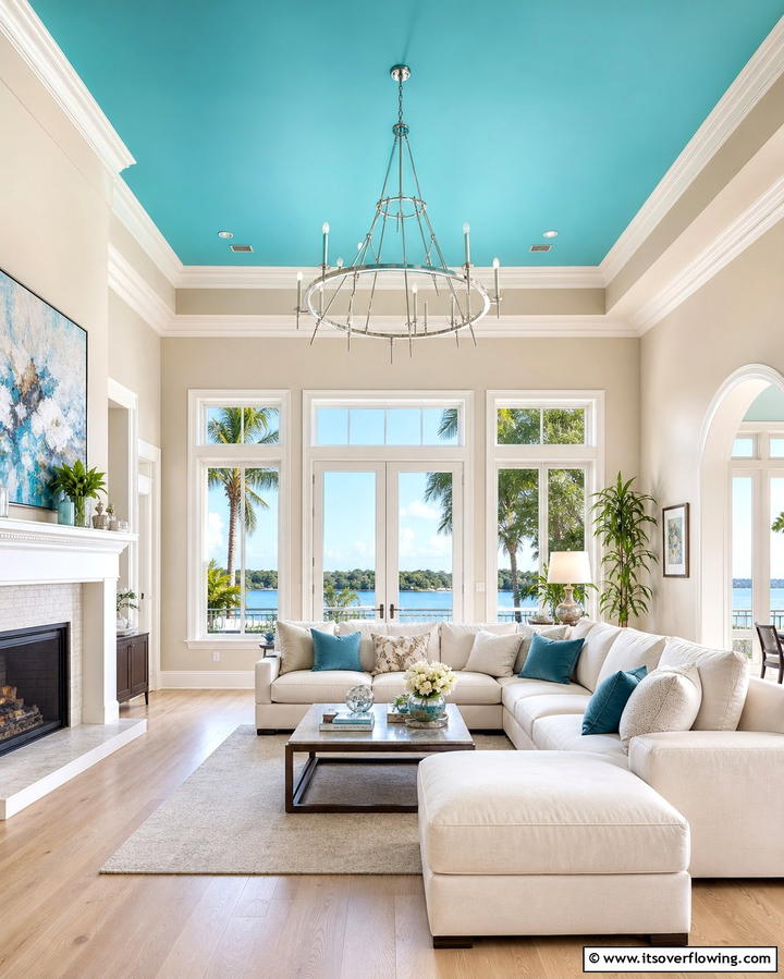 Turquoise Statement Ceiling - 25 Turquoise Living Room Ideas for a Fresh Look