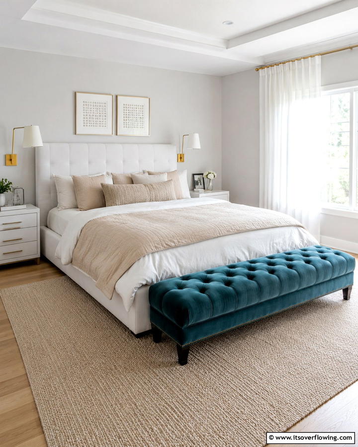 Turquoise Upholstered Bench - 20 Turquoise Bedroom Ideas for a Fresh and Calming Space