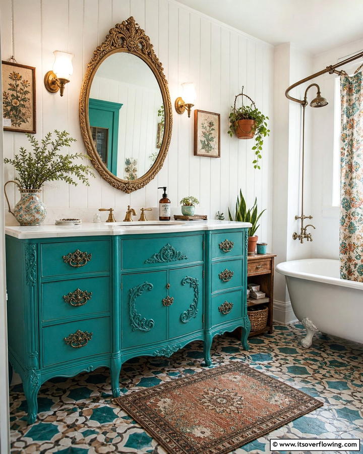Turquoise Vanity with Vintage Details - 25 Stunning Blue Bathroom Vanity Ideas