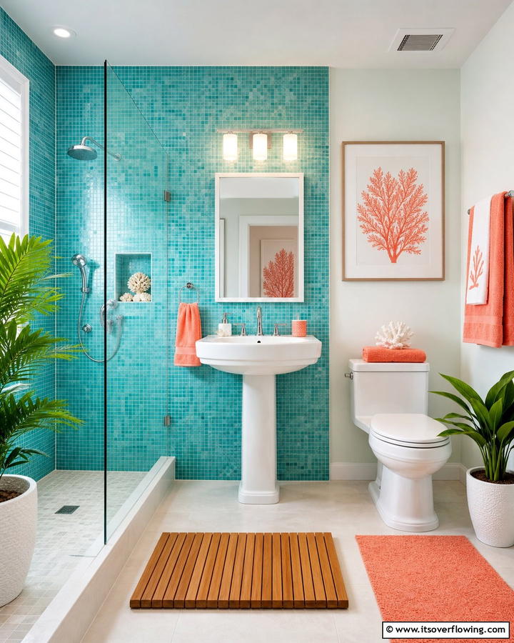 Turquoise and Coral Combination - 25 Blue Bathroom Ideas for a Serene Retreat