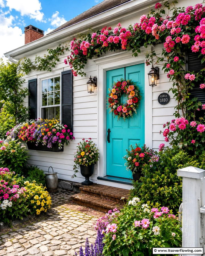 Turquoise and Floral Wreaths - 20 Turquoise Front Door Ideas for a Pop of Color
