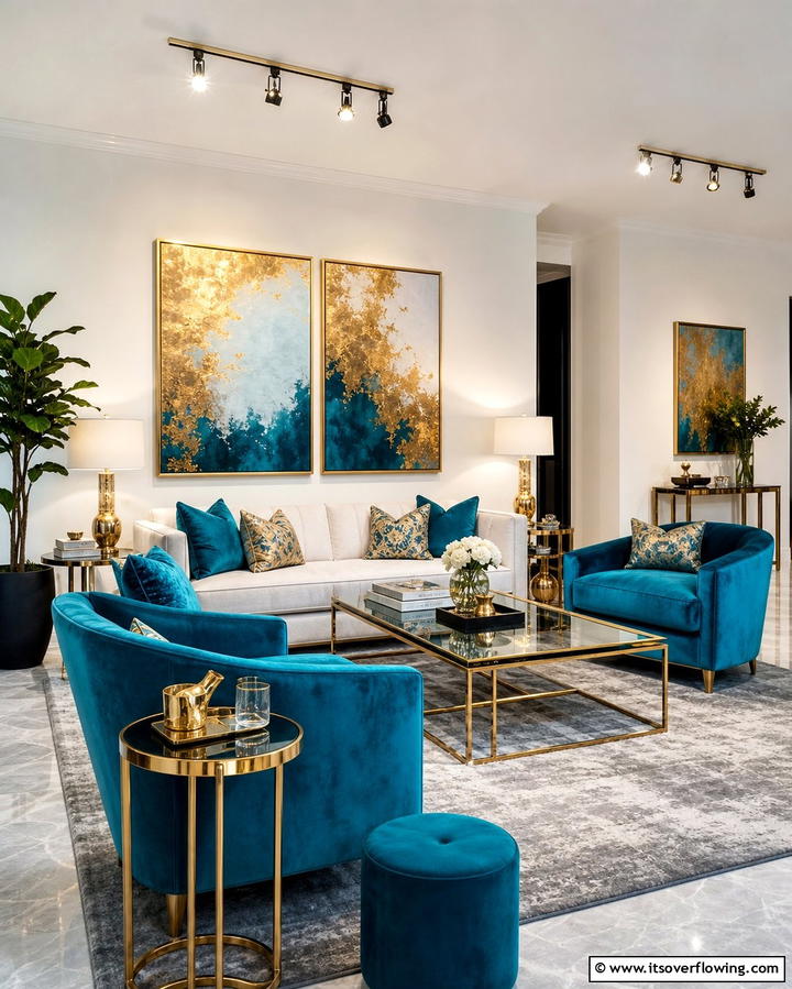 Turquoise and Metallic Accents - 25 Turquoise Living Room Ideas for a Fresh Look