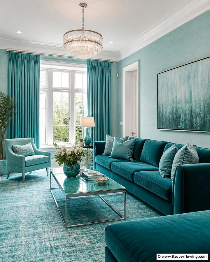 Turquoise and Monochromatic Layers - 25 Turquoise Living Room Ideas for a Fresh Look