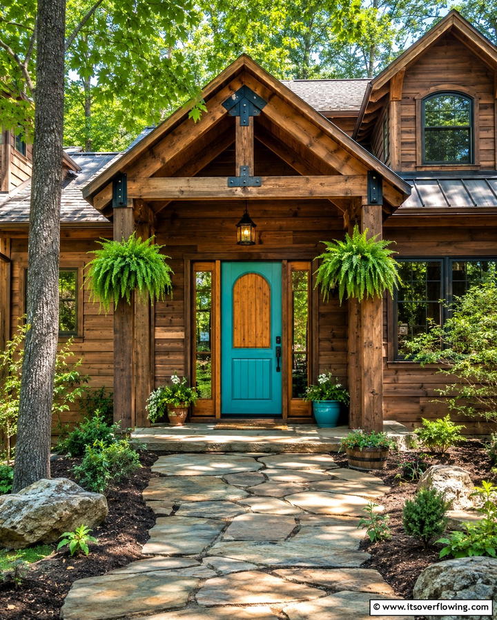 Turquoise and Natural Wood Contrast - 20 Turquoise Front Door Ideas for a Pop of Color