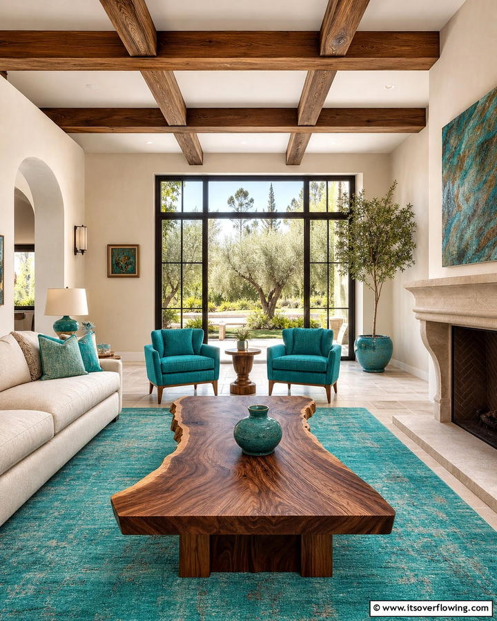 Turquoise and Natural Wood Fusion - 25 Turquoise Living Room Ideas for a Fresh Look