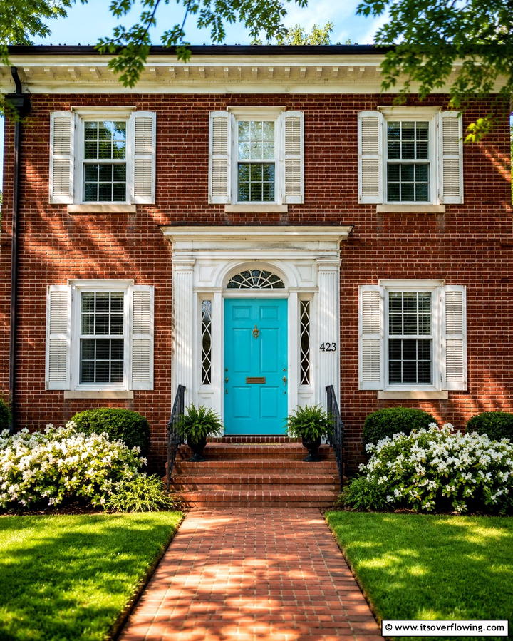 Turquoise and Red Brick Harmony - 20 Turquoise Front Door Ideas for a Pop of Color