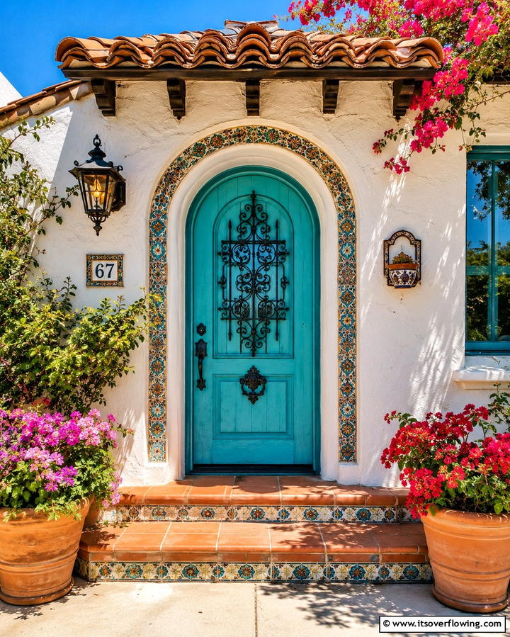 Turquoise and Wrought Iron Details - 20 Turquoise Front Door Ideas for a Pop of Color
