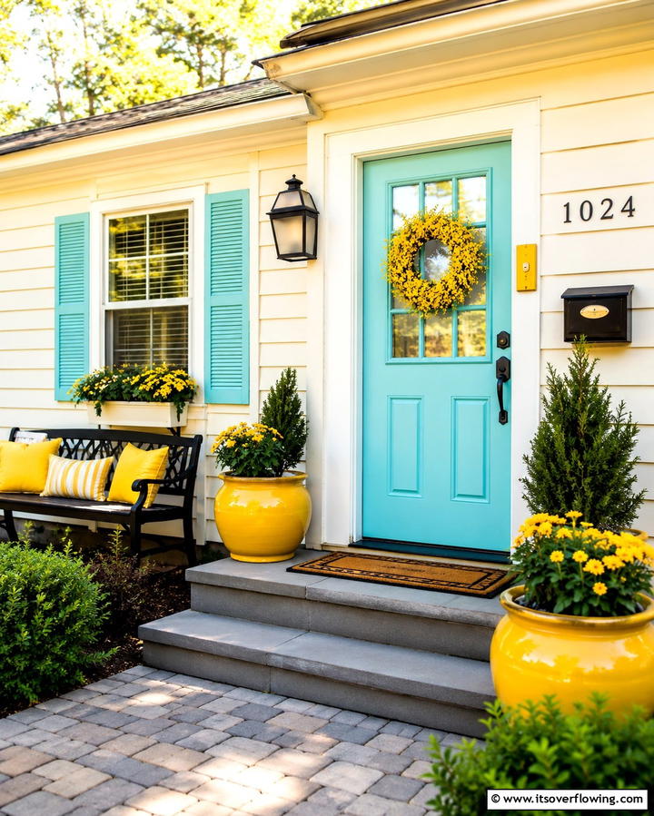 Turquoise and Yellow Accents - 20 Turquoise Front Door Ideas for a Pop of Color