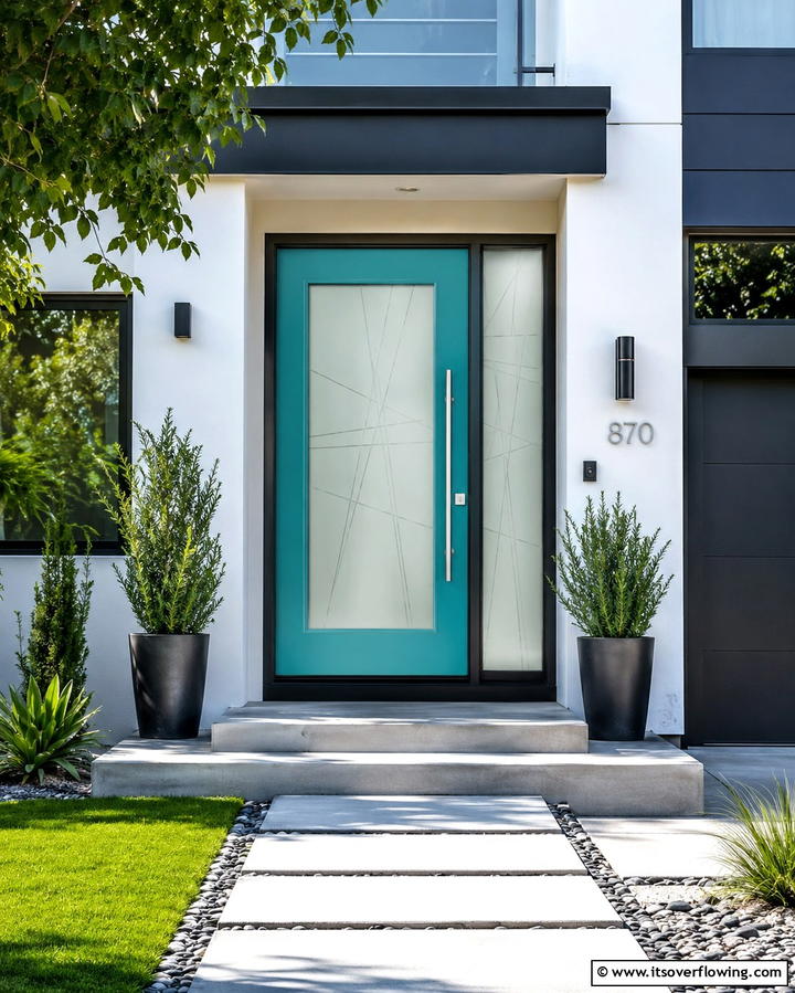 Turquoise with Frosted Glass - 20 Turquoise Front Door Ideas for a Pop of Color